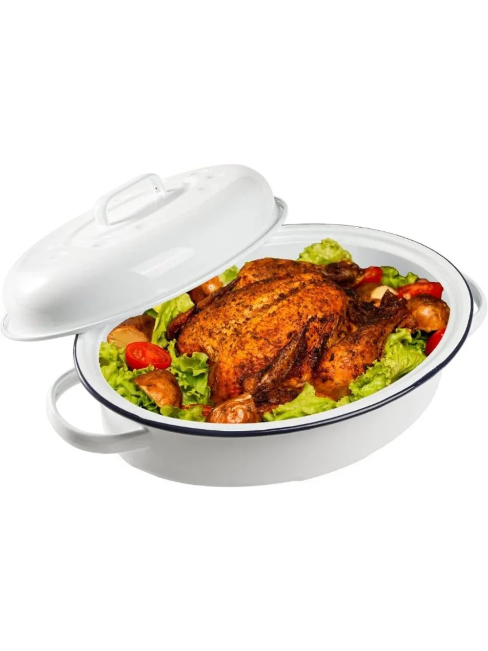 Vintage Farmhouse Oval Roasting Pan with Lid, Enameled Cookware, 15.5 Inch